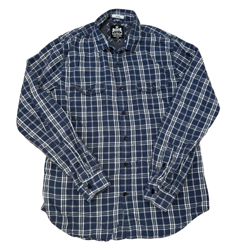 EXPRESS Men's Blue Plaid Long Sleeve Button Up Shirt Lined Sz Large 100% Cotton